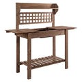Brown Wooden Potting Bench Table with Sliding Tabletop and Storage Shelf W4219
