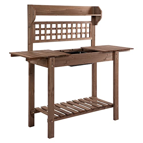 Brown Wooden Potting Bench Table with Sliding Tabletop and Storage Shelf W4219