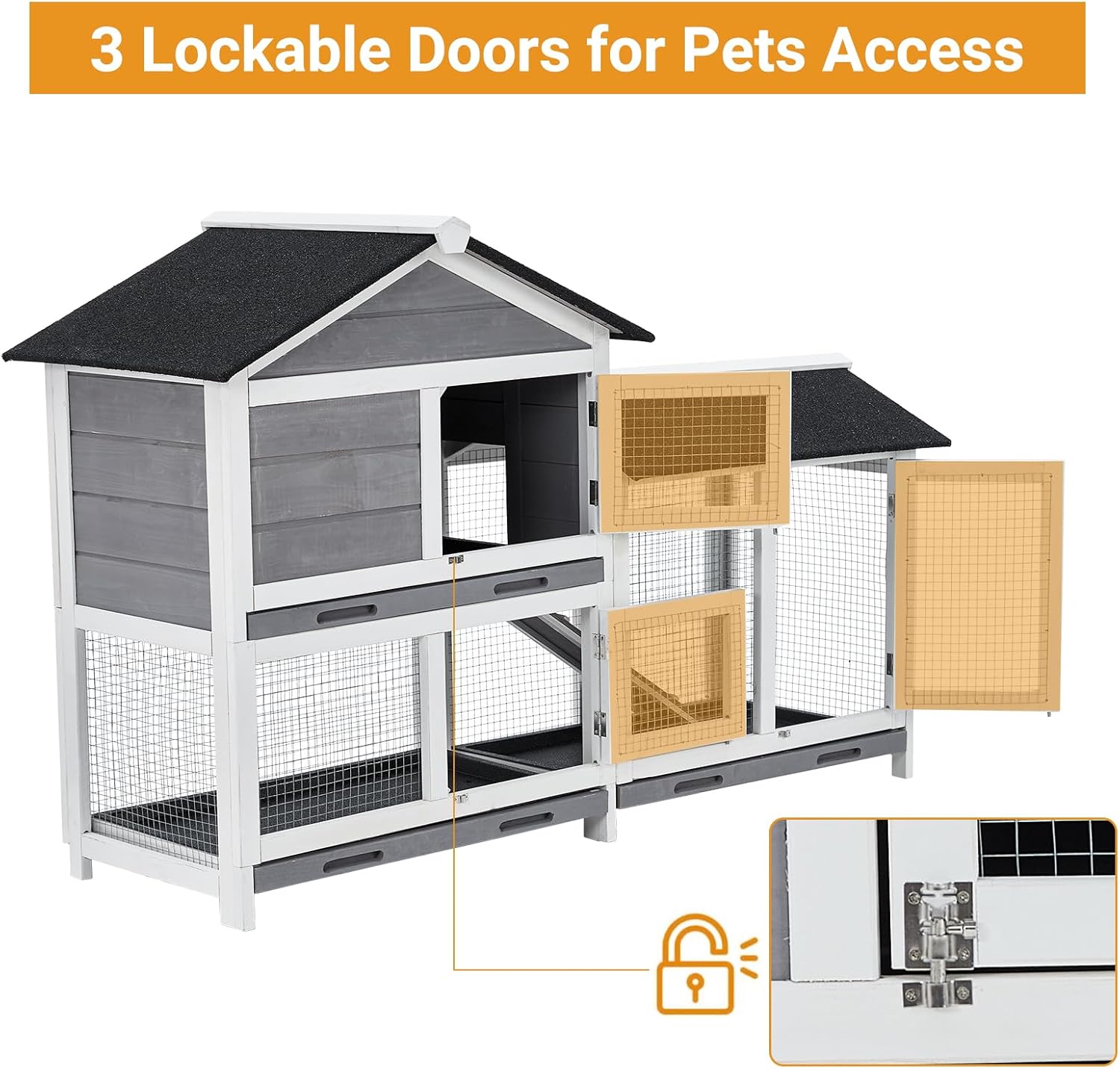 62" Wooden Waterproof Bunny Hutch Rabbit Cage Guinea Pig Coop with Stairs and Cleaning Tray X410