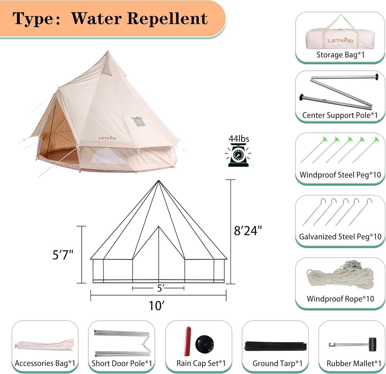 Canvas Tent with Stove Jack, 4 Season Waterproof Cotton Bell Tent B109749