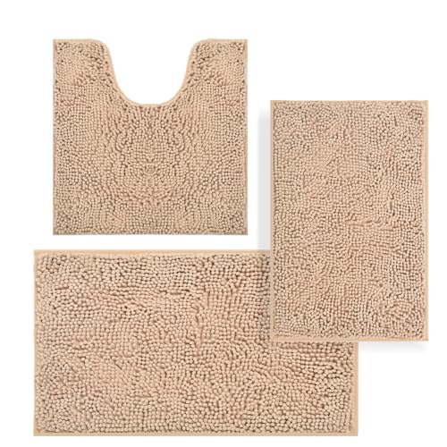 Black 3 Piece Non Slip Chenille Bath Mat Set S8040