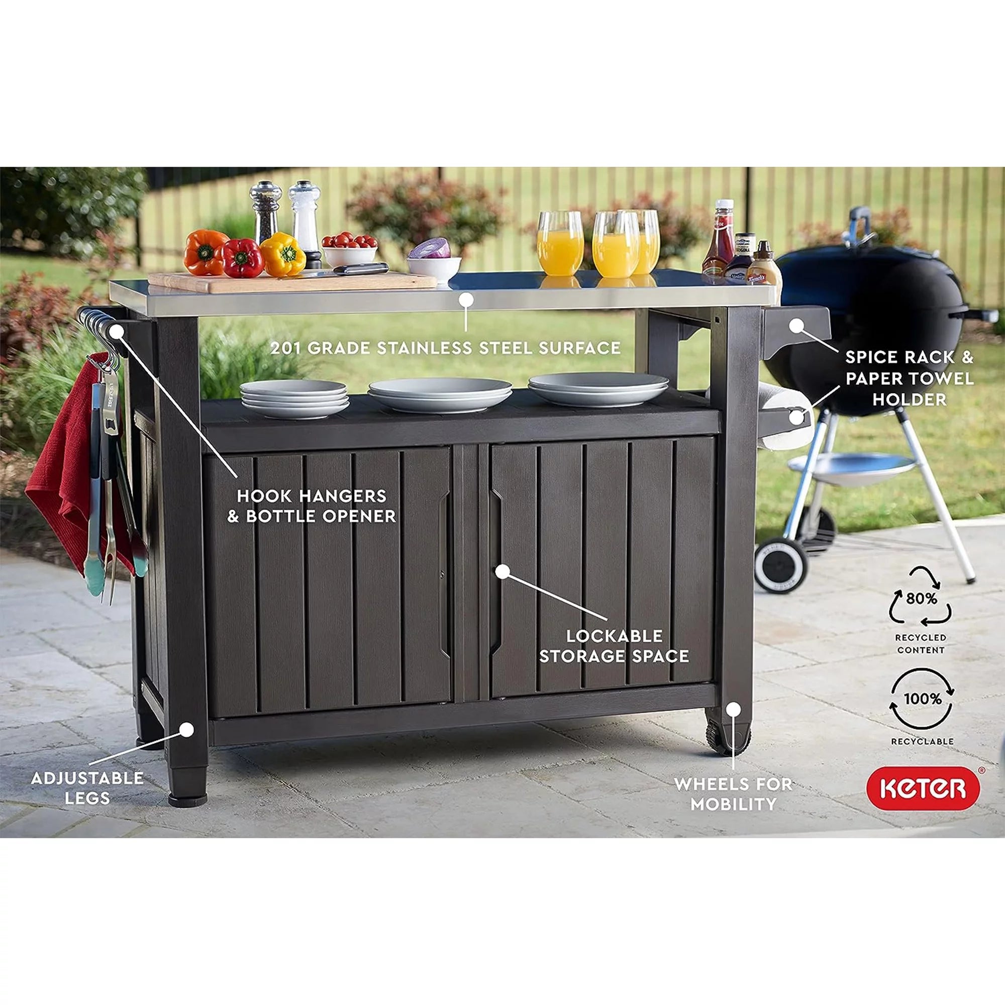 Brown Outdoor Kitchen Bar Rolling Cart with Storage Cabinet A2980