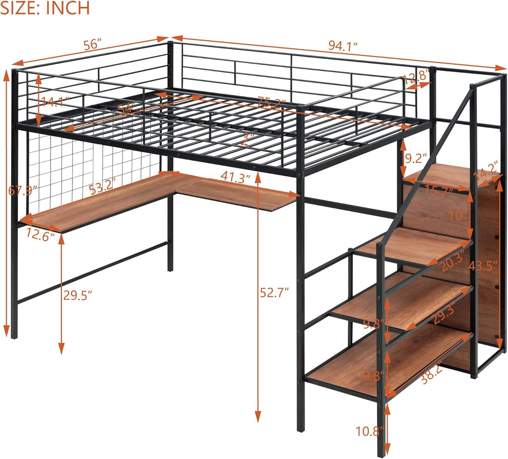 Black Full Size Loft Bed with Desk and Storage Stairs and Wardrobe F54504