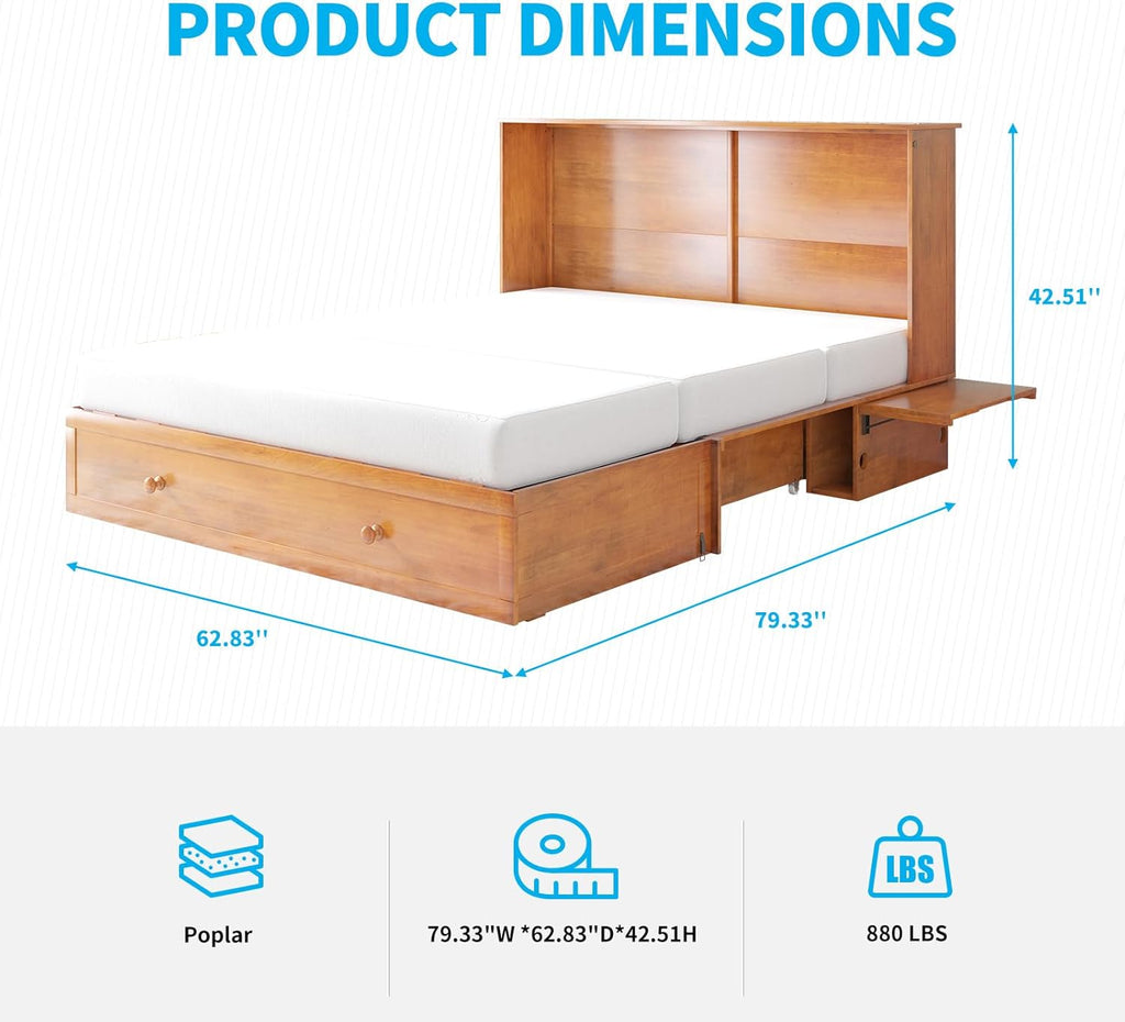 Queen Size Murphy Bed with Foldable Foam Mattress and Storage Drawer (Cherry) S894