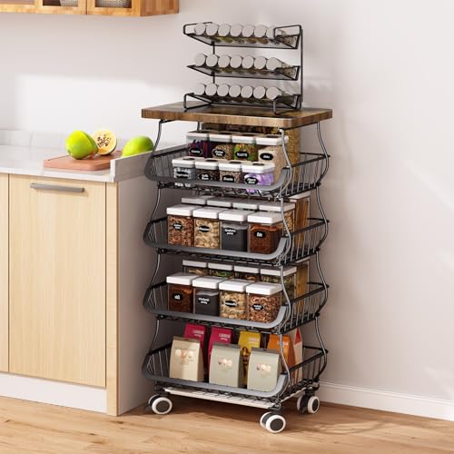 White 5 Tier Wire Fruit Basket with Wheels O819815