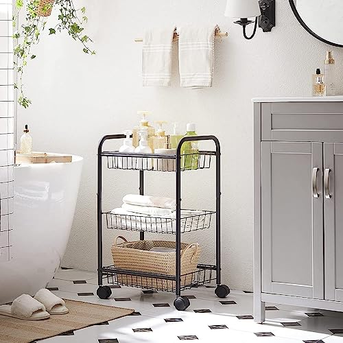 Black 3-Tier Metal Rolling Cart with Baskets and Lockable Handles K867