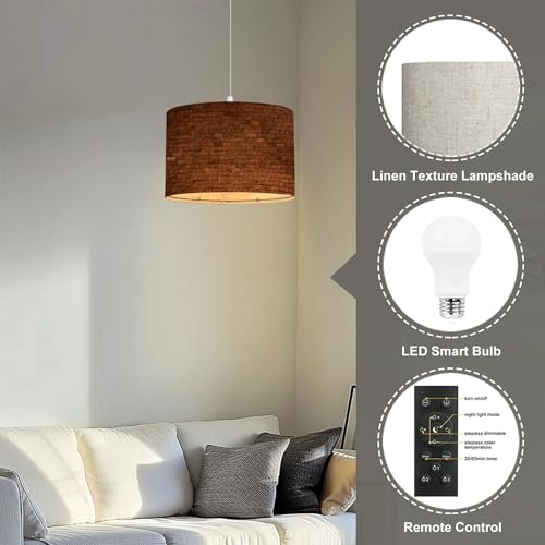 Linen Lampshade Plug in Pendant Light with Dimmable Switch J92764