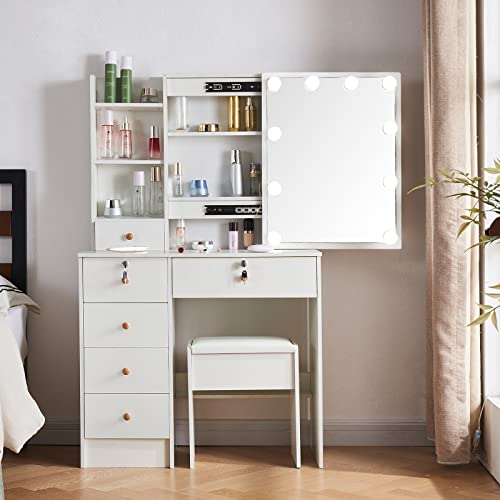 White 5 Drawer Vanity Desk with LED Lights and Mirror A643