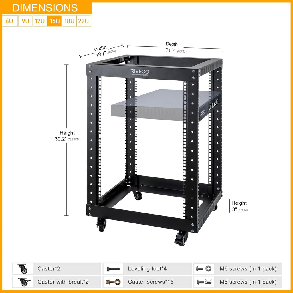 9U Open Frame Server Rack with Casters Black Q82983