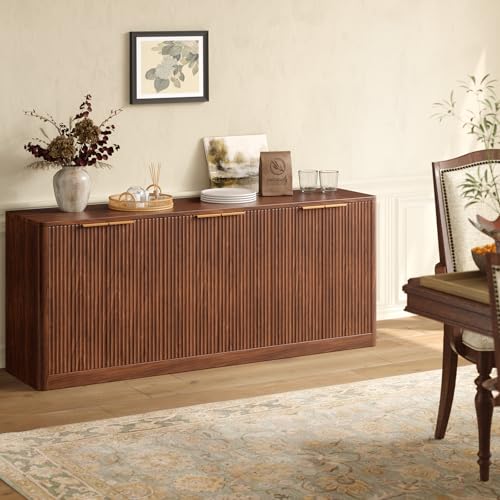 67" Fluted Oak Buffet Cabinet Sideboard with Storage, Large Credenza with 6 Doors E41086