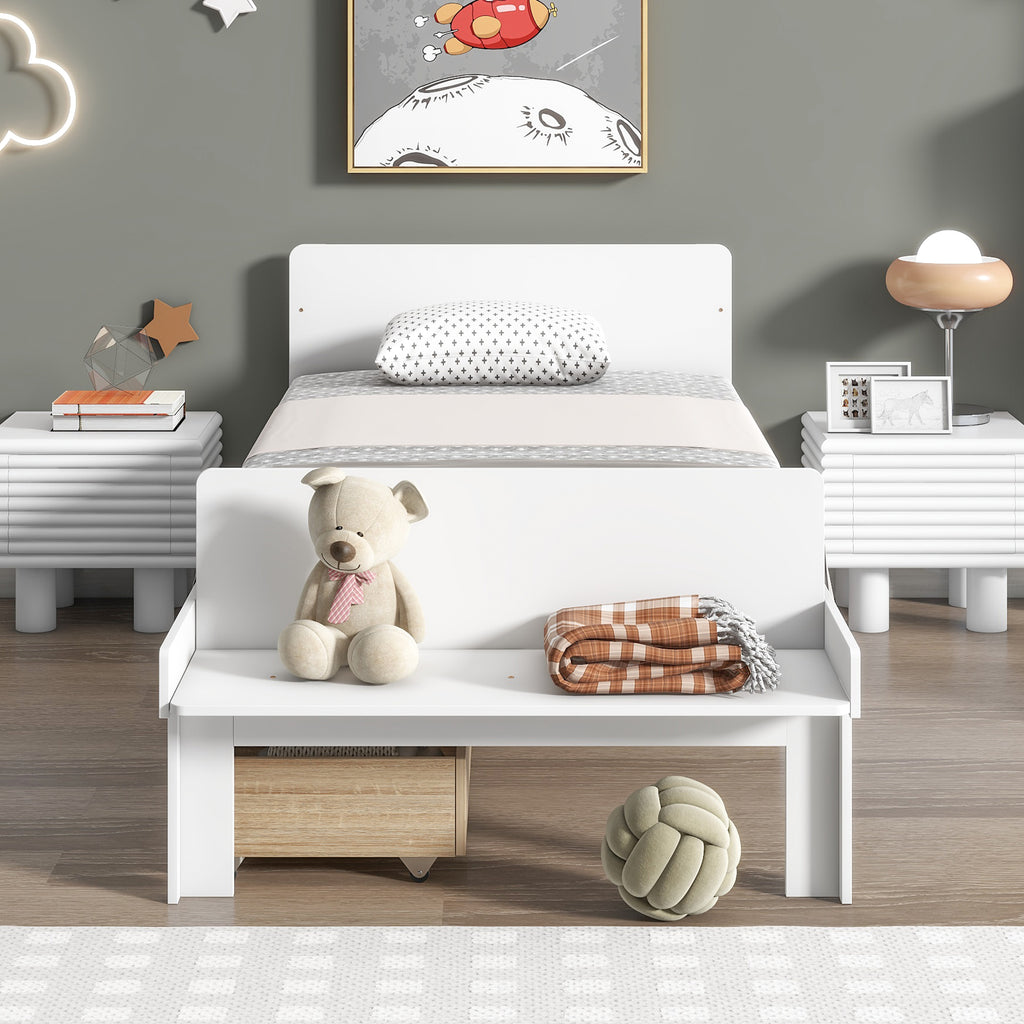 White Twin Size Wood Platform Bed Frame with Headboard and Footboard and 2 Storage Drawers X4446
