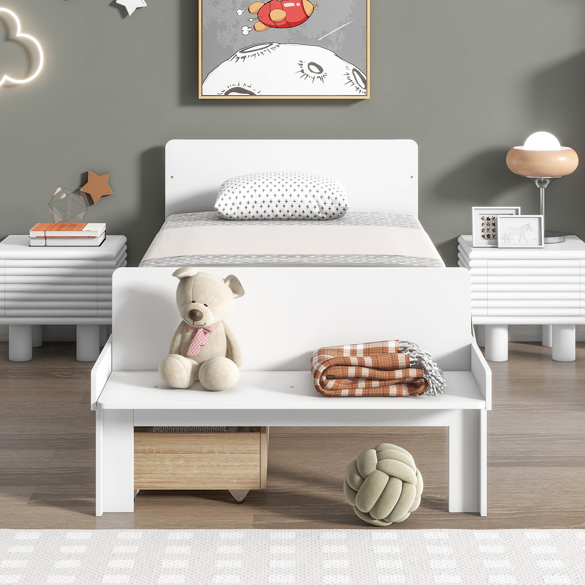 White Twin Size Wood Platform Bed Frame with Headboard and Footboard and 2 Storage Drawers X4446
