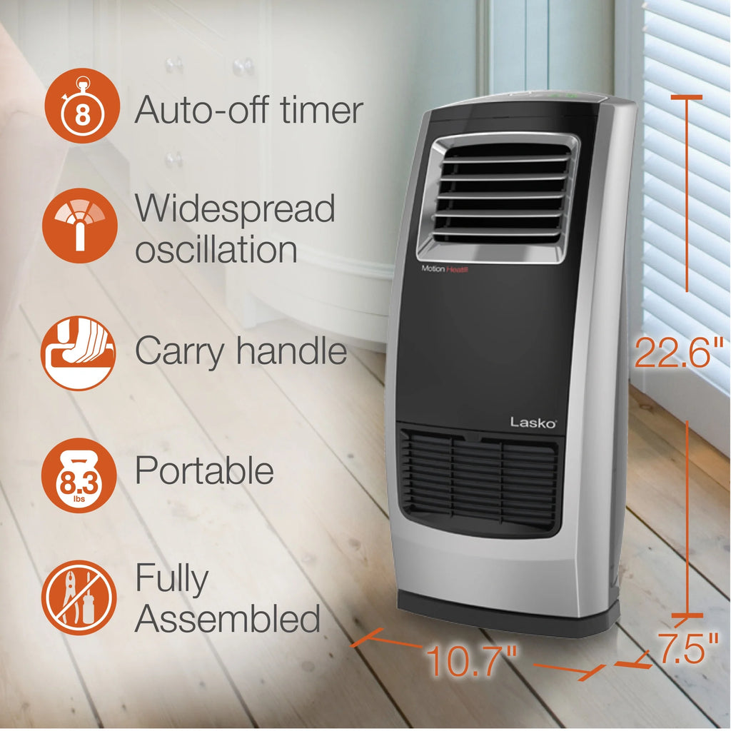 22.5" 1500W Ceramic Room Heater with Remote, Black/Silver I5472