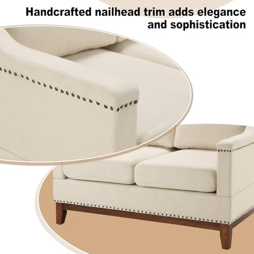 Beige 3-Seater Upholstered Sofa with Nailhead Trim Q2838