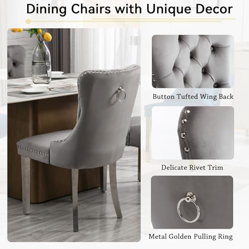 White Marble Dining Table Set for 6 with 6 Grey Velvet Chairs E784