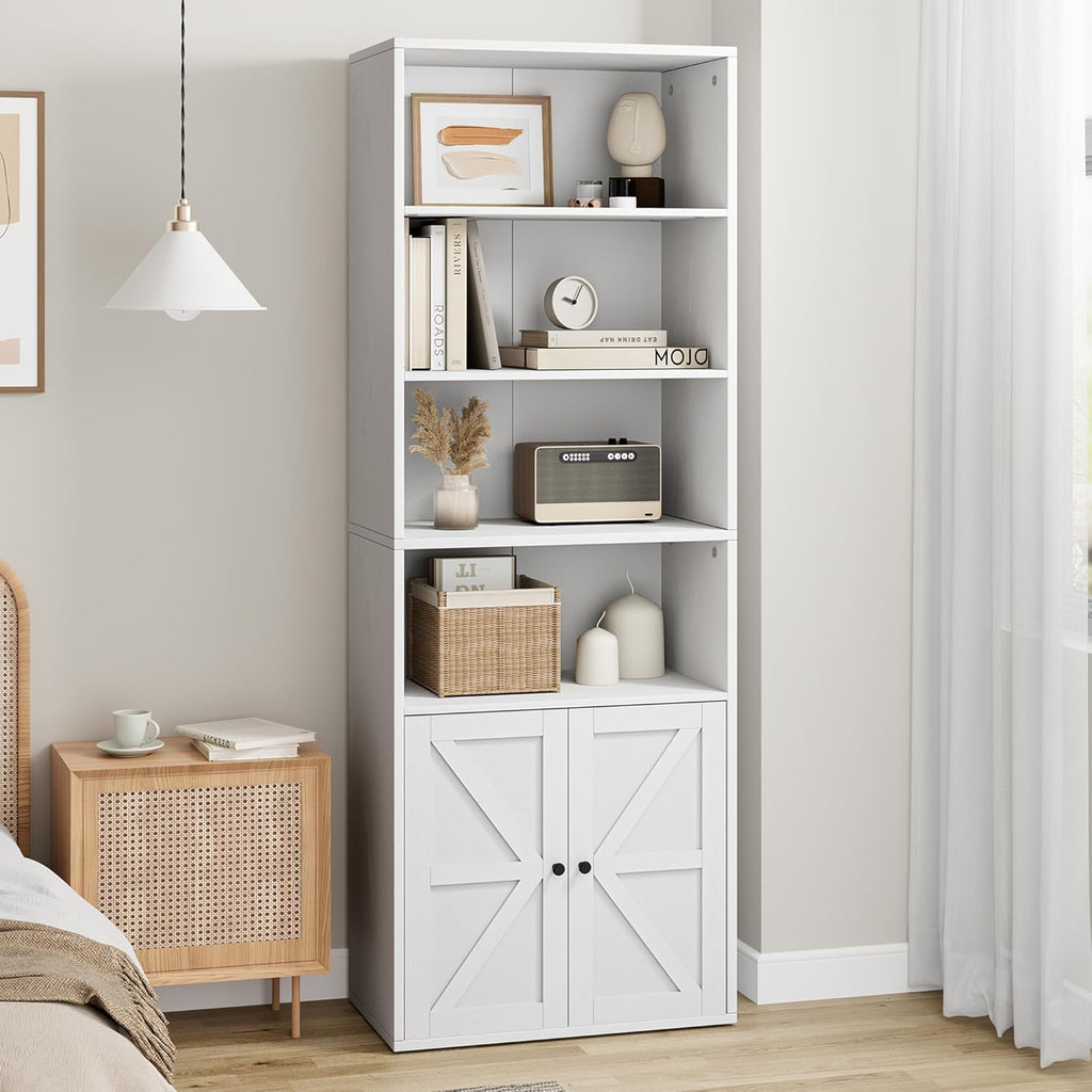 White 6 Shelf Wooden Bookcase with Doors Q8169