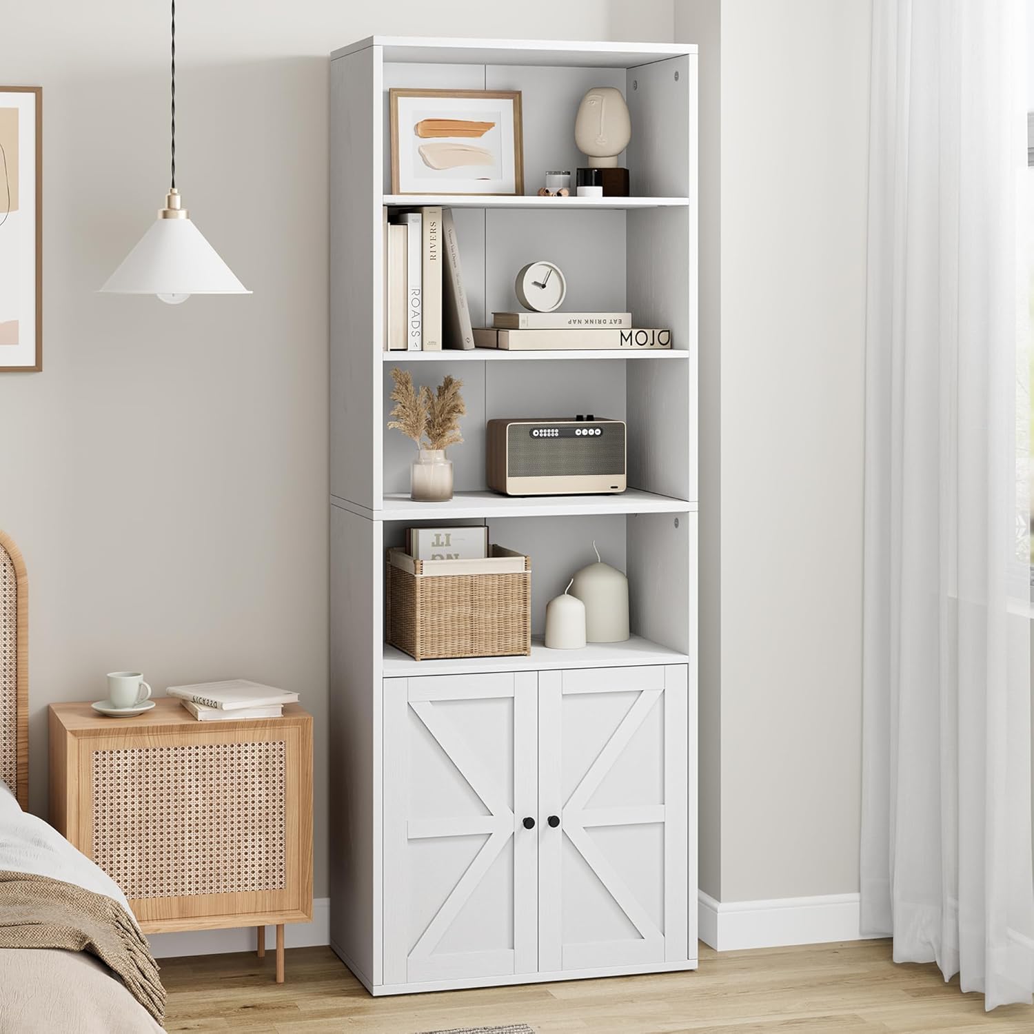 White 6 Shelf Wooden Bookcase with Doors Q8169