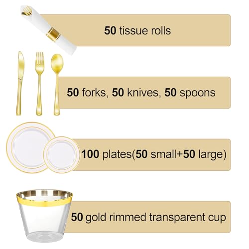 350PCS Gold Plastic Dinnerware Set with 100 Plates, 50 Cups, 50 Spoons, 50 Forks, 50 Knives U9314