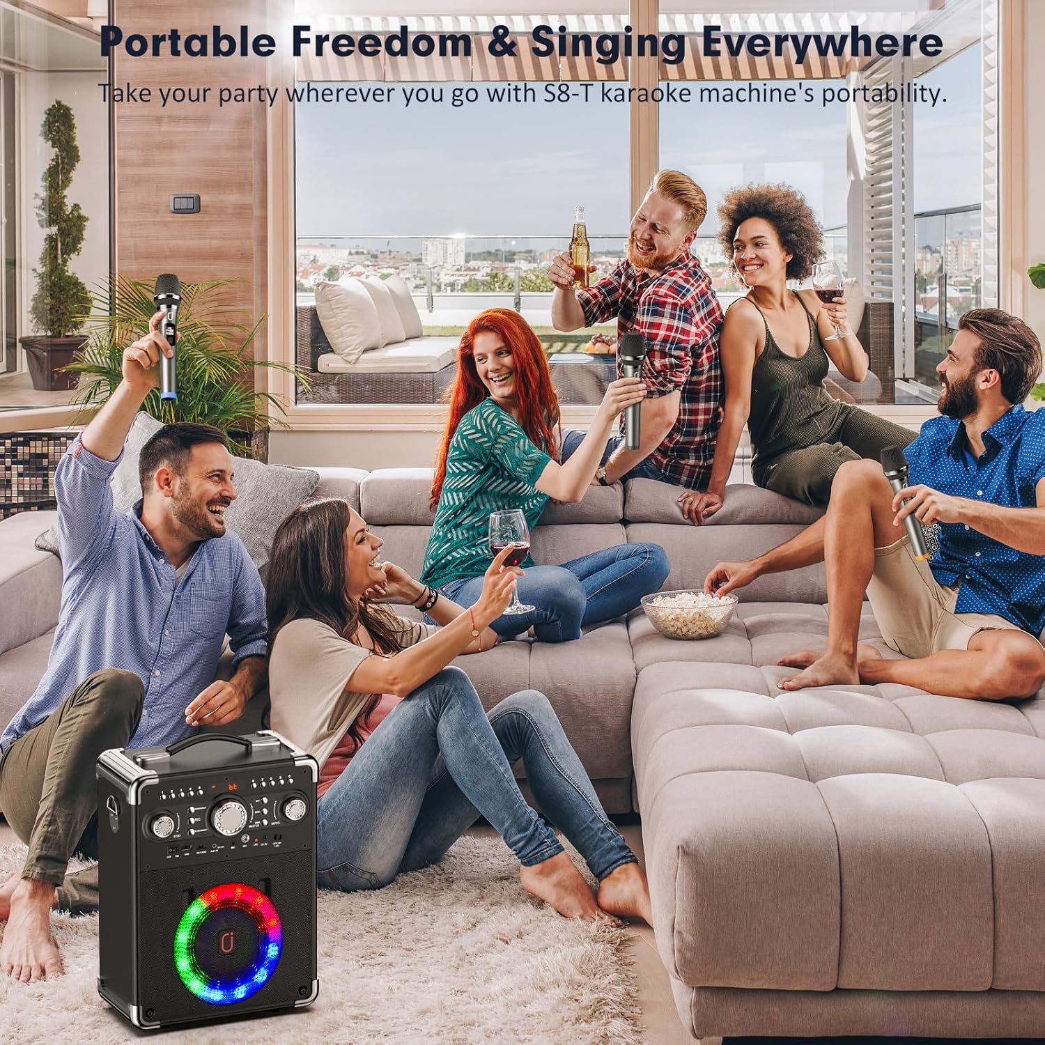 Bluetooth Karaoke Machine with 3 Wireless Microphones and Disco Lights V436