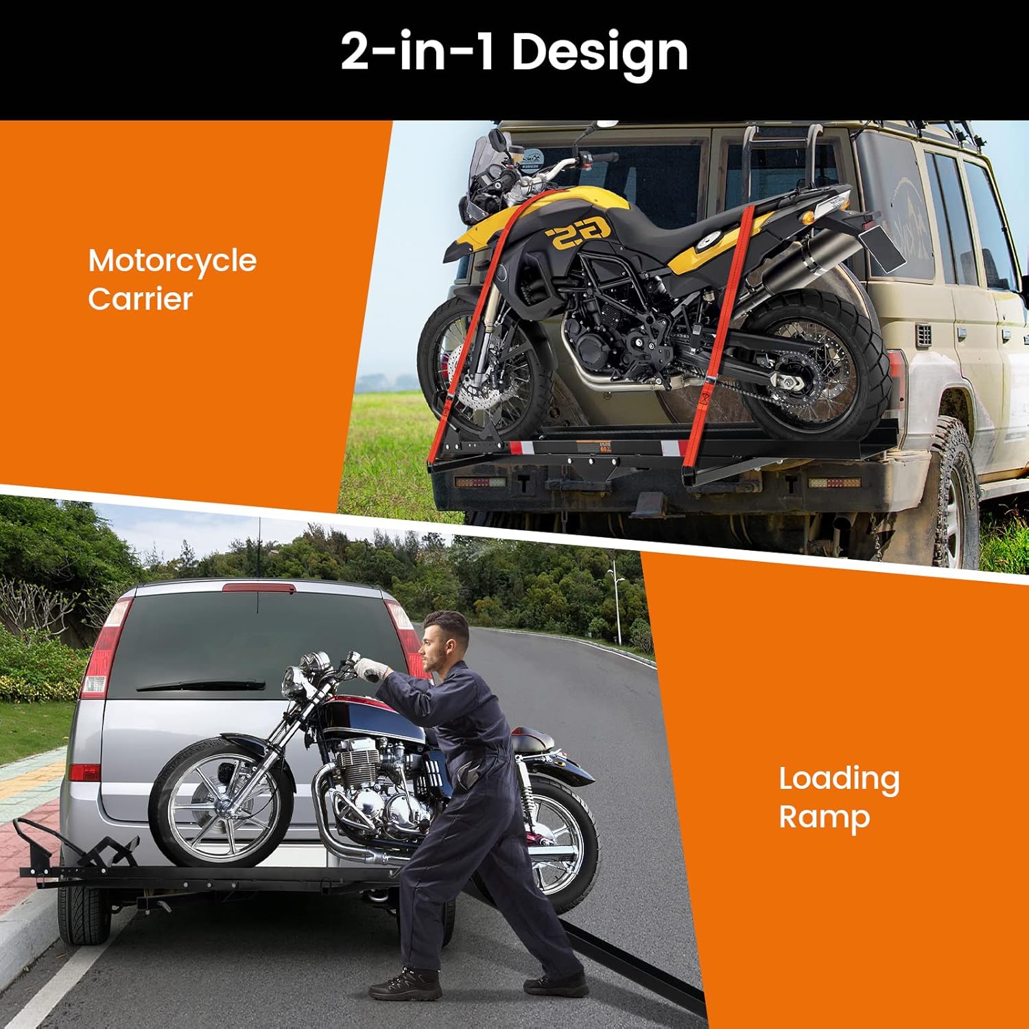 Heavy Duty Steel Motorcycle Carrier with Loading Ramp, Wheel Chock & 2 Straps K184
