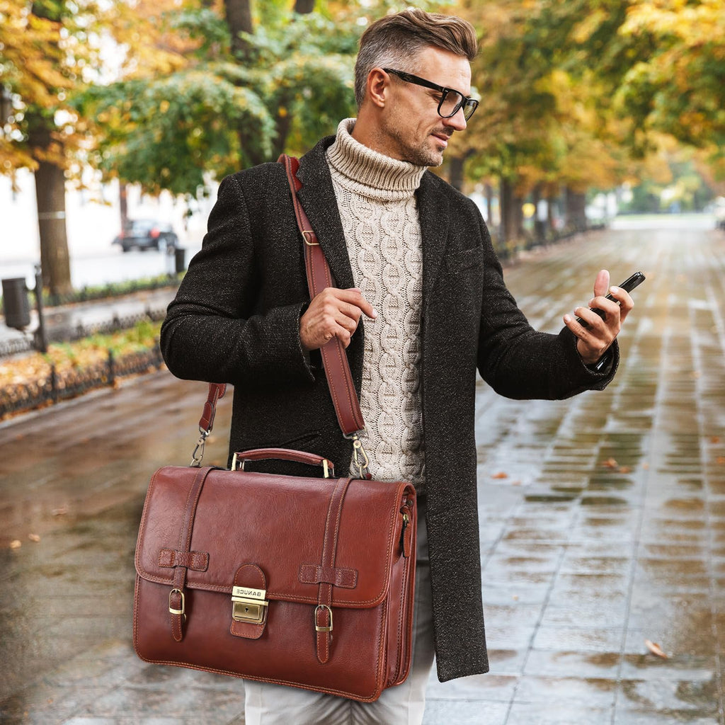 Vintage Genuine Full Grain Italian Leather Briefcase 14 Inch Laptop Bag Brown M910168