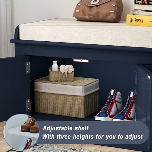 White 43.7" Storage Drawers and 2 Cabinets Shoe Bench with Removable Cushion B9115