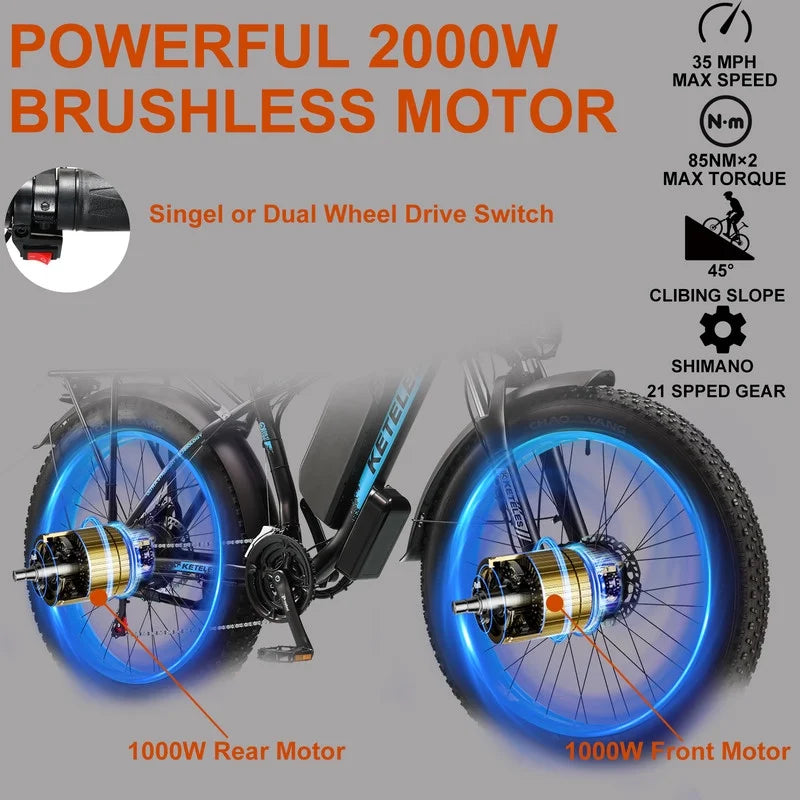 2000W 48V 23AH 26" Fat Tire Electric Mountain Bike W8407