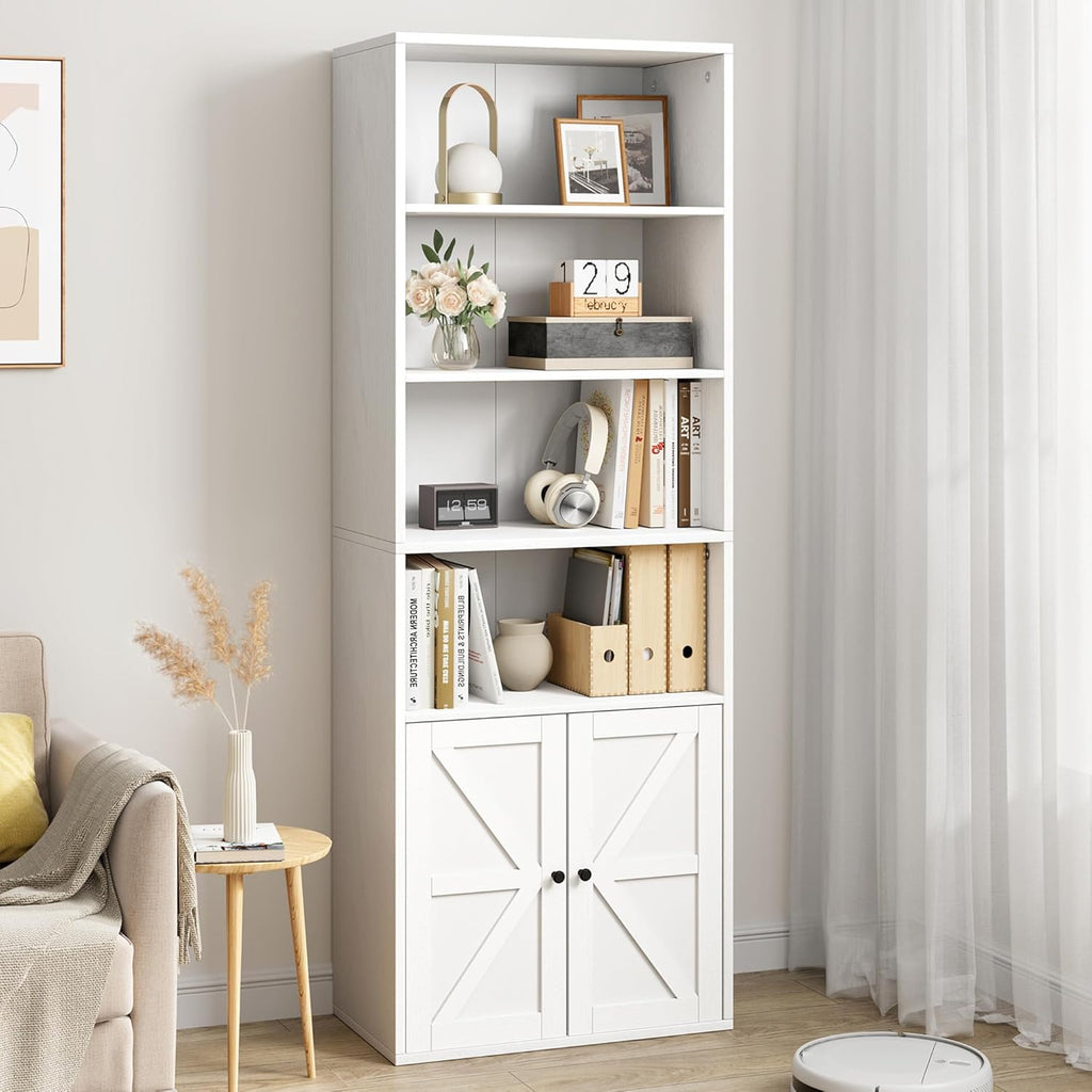 White 6 Shelf Wooden Bookcase with Doors Q8169