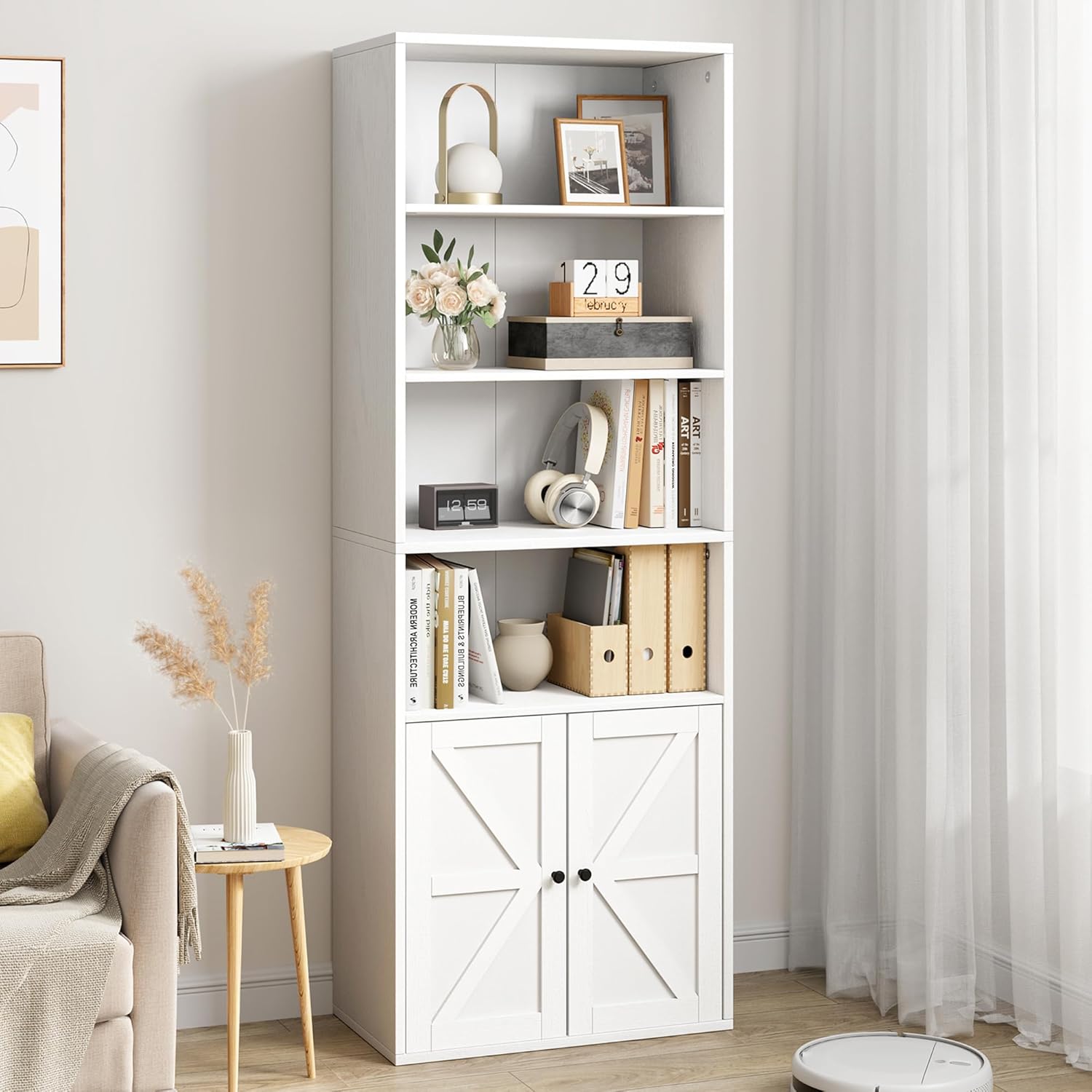 White 6 Shelf Wooden Bookcase with Doors Q8169