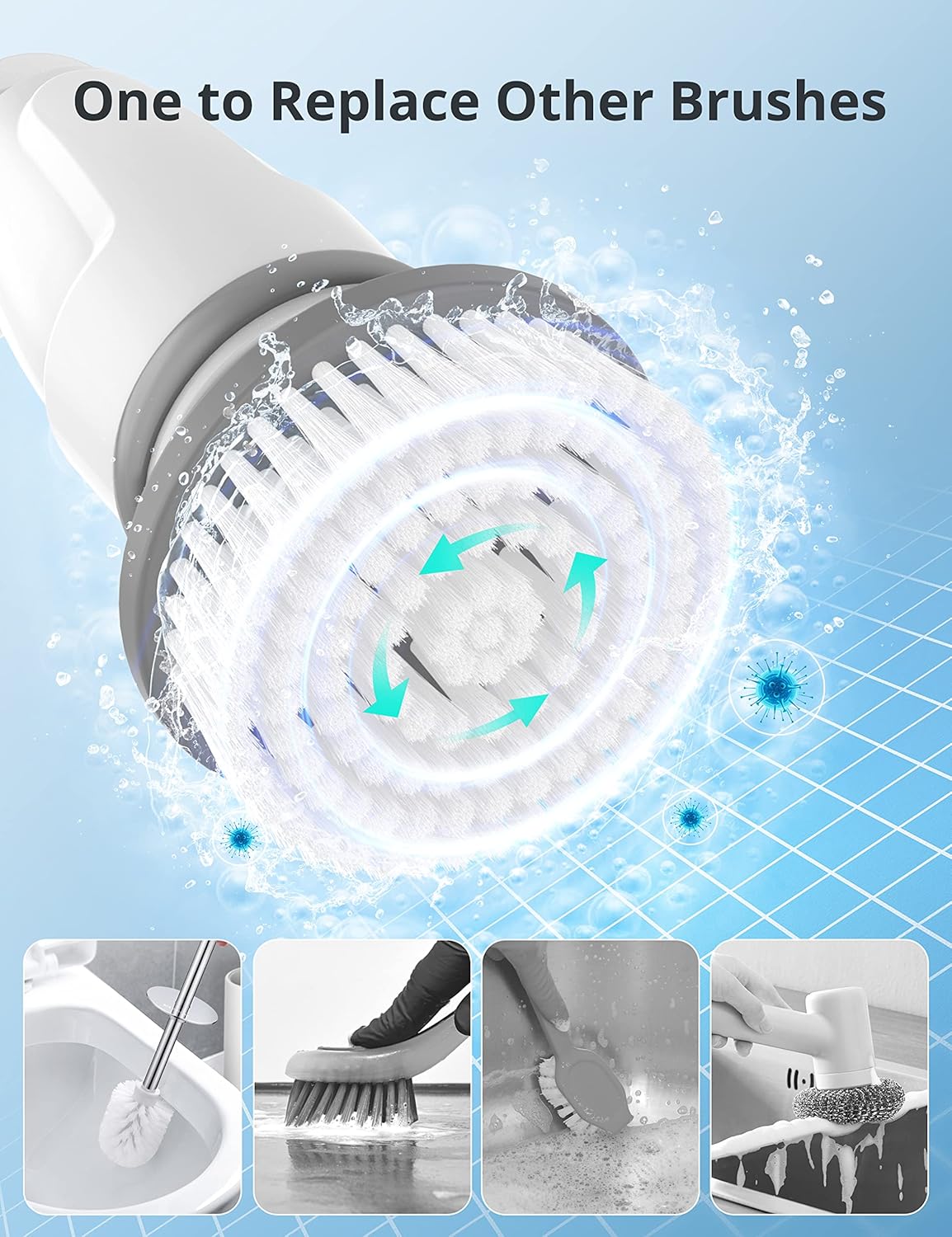 Cordless Electric Spin Scrubber with Adjustable Extension Arm and 4 Replaceable Cleaning Heads H563