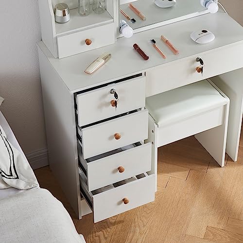 White 5 Drawer Vanity Desk with LED Lights and Mirror A643