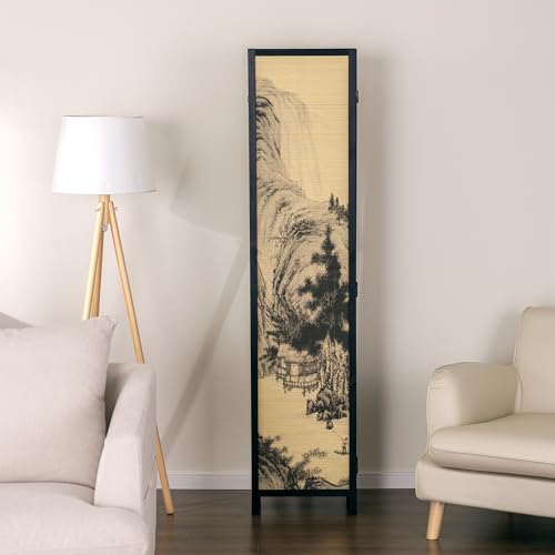 4-Panel Folding Bamboo Room Divider with Beige Wood Frame E974