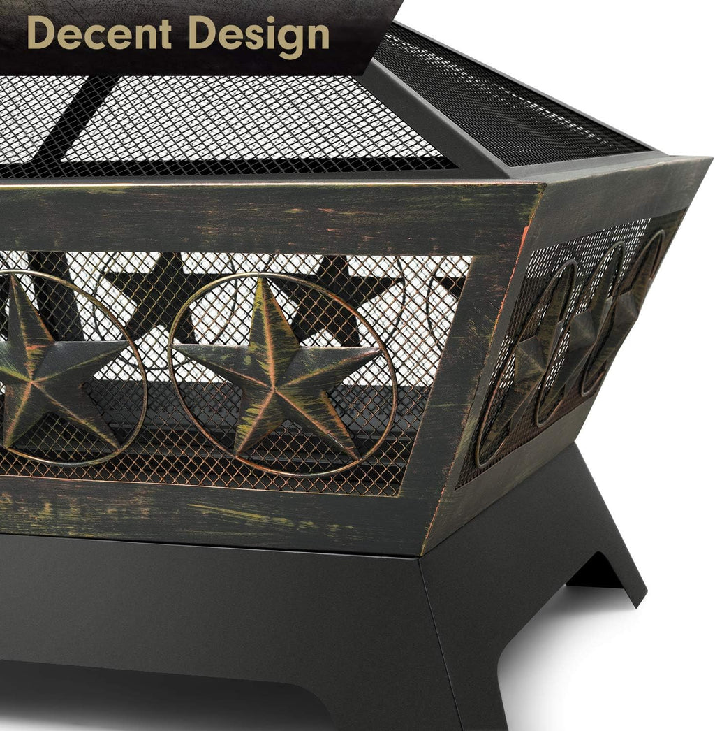 Fire Pit Outdoor Wood Burning 24in with Spark Screen Mesh Lid Bronze C1471