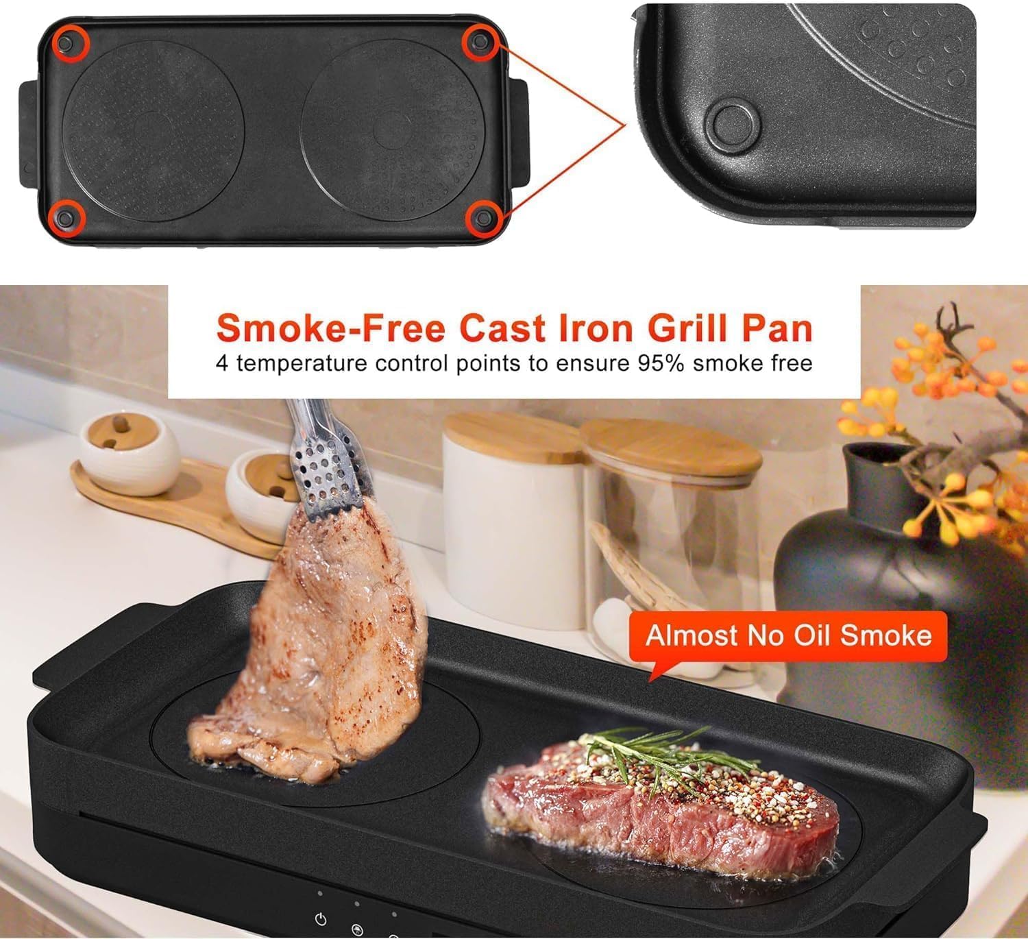 Induction Cooktop 2 Burner with Removable Iron Cast Griddle Pan Non-stick P8548