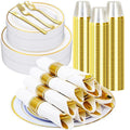 350PCS Gold Plastic Dinnerware Set with 100 Plates, 50 Cups, 50 Spoons, 50 Forks, 50 Knives U9314