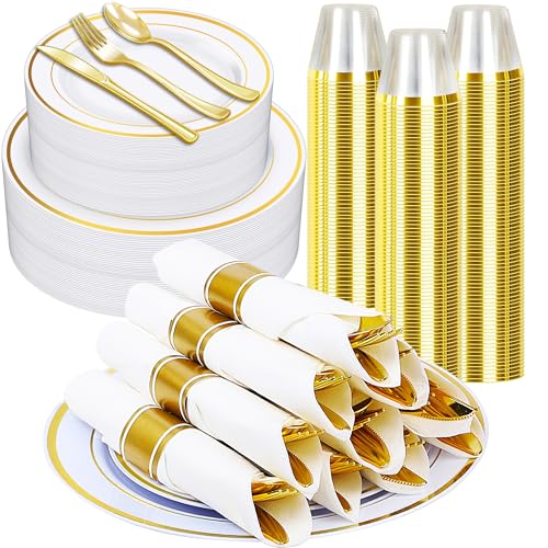 350PCS Gold Plastic Dinnerware Set with 100 Plates, 50 Cups, 50 Spoons, 50 Forks, 50 Knives U9314