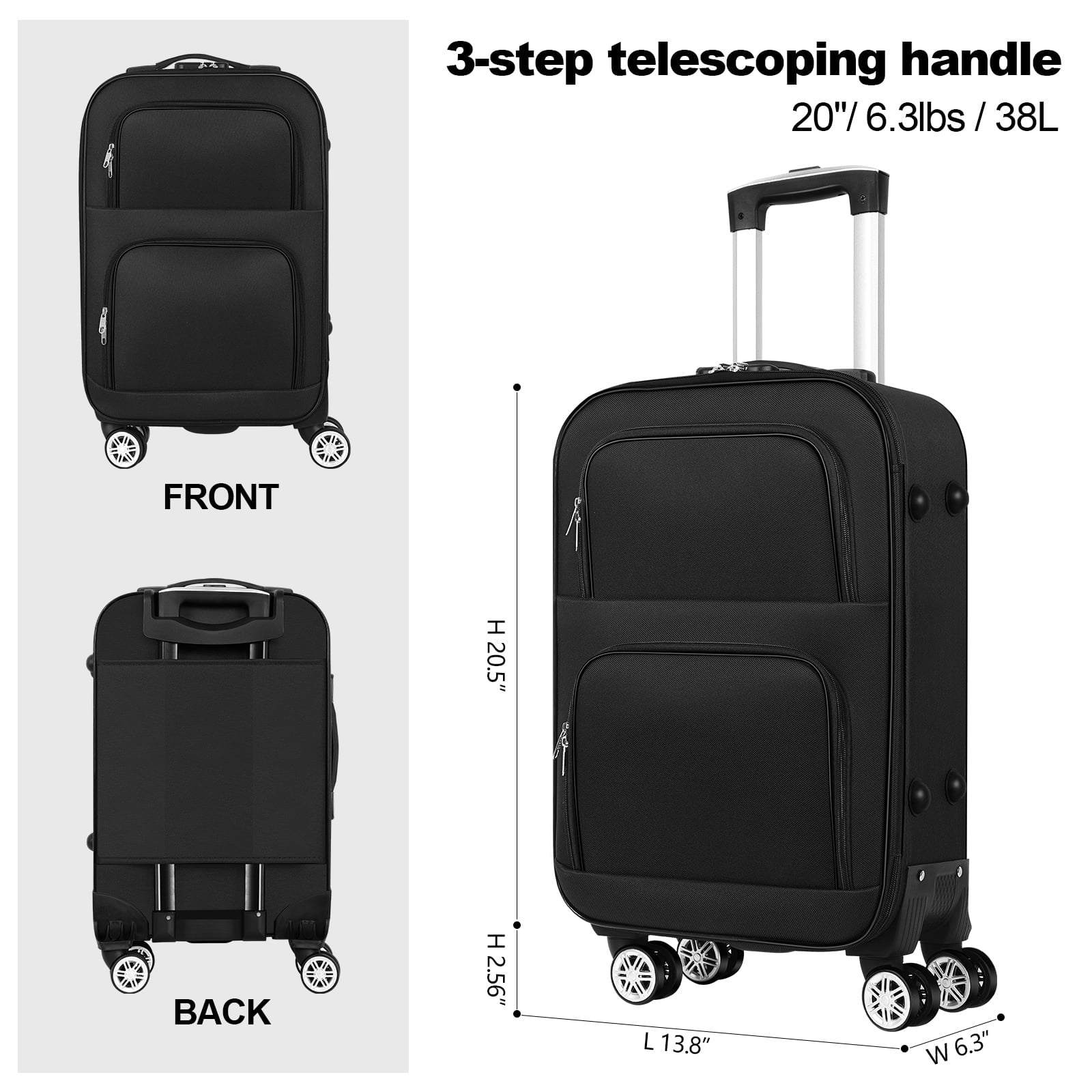 20 inch Softside Black Carry On Suitcase with Spinner Wheels Lock E800