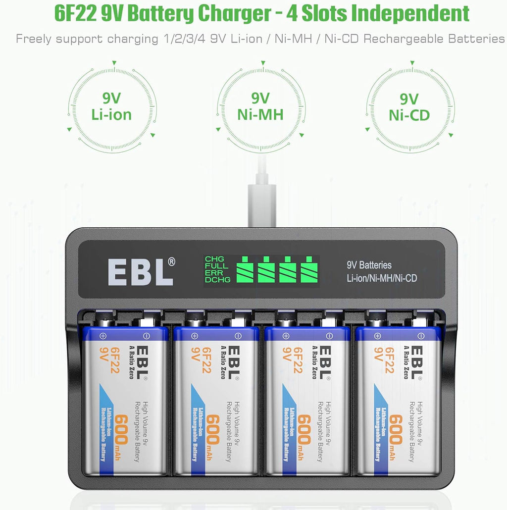 9V Li-ion Rechargeable Batteries 600mAh 4-Pack with LCD Smart Battery Charger E22542