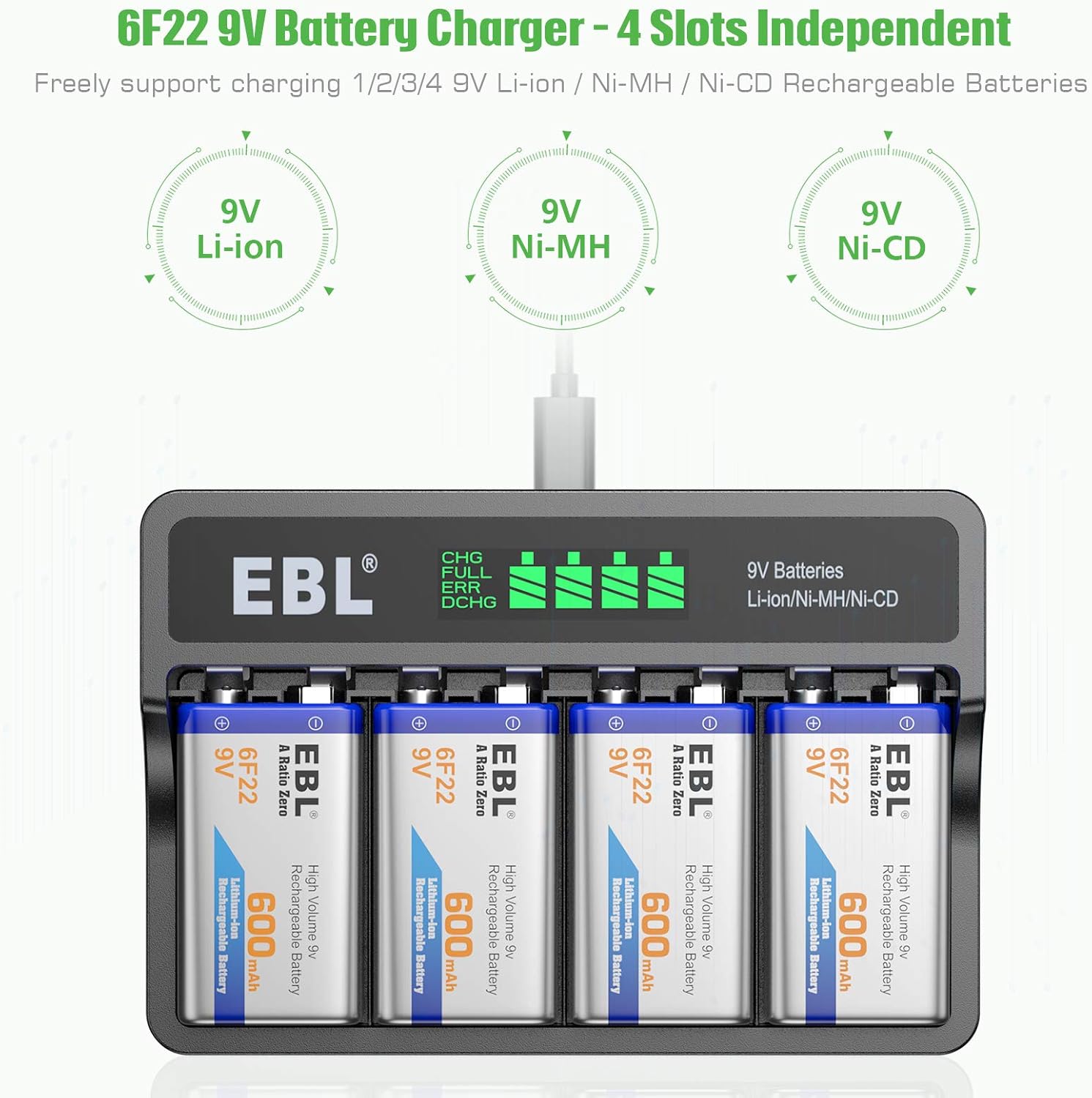 9V Li-ion Rechargeable Batteries 600mAh 4-Pack with LCD Smart Battery Charger E22542