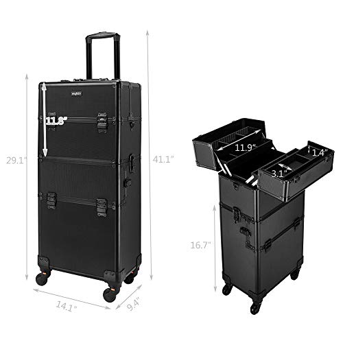 2 in 1 Rolling Makeup Train Case, Travel Makeup Organizer Cosmetic Display Case, Aluminum Cosmetology Supply Suitcase on Wheels, Beauty Storage Luggage Lockable w/4 Removable Wheels (Black) M599