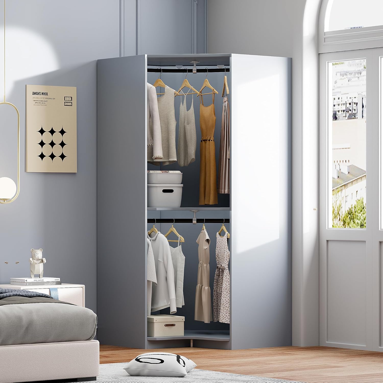 Wooden Corner Armoire Wardrobe with Hanging Rail L3049