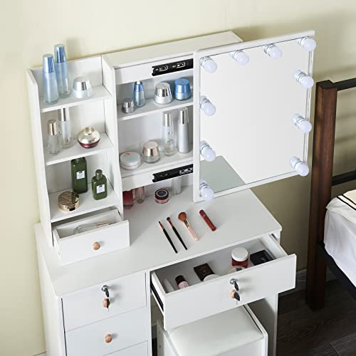 White 5 Drawer Vanity Desk with LED Lights and Mirror A643