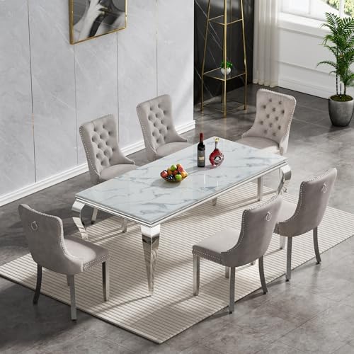 White Marble Dining Table Set for 6 with 6 Grey Velvet Chairs E784