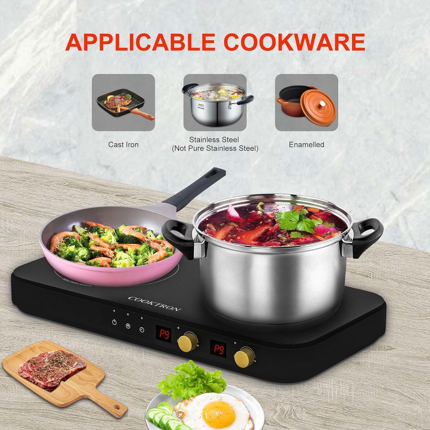 Induction Cooktop 2 Burner with Removable Iron Cast Griddle Pan Non-stick P8548