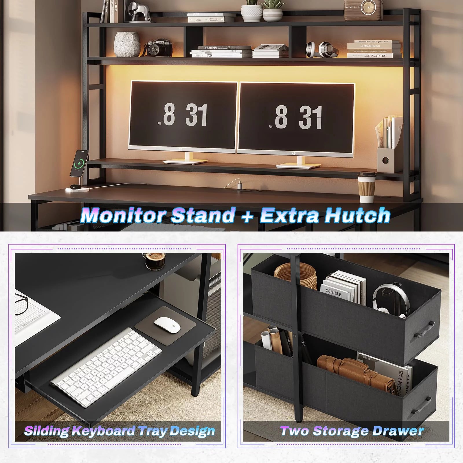 Black 55" Gaming Desk with Drawer and Monitor Stand W131712