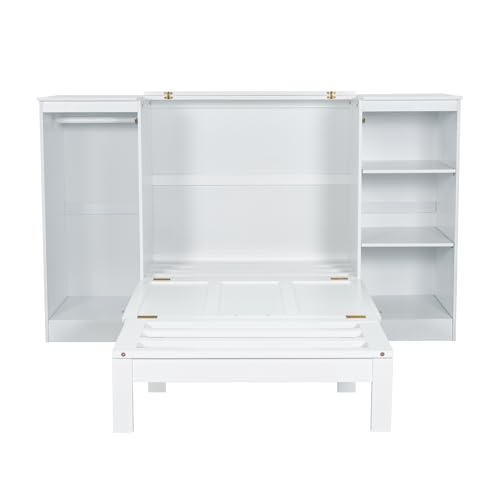 White Twin Size Murphy Bed with Storage Shelves and Wardrobe H51429