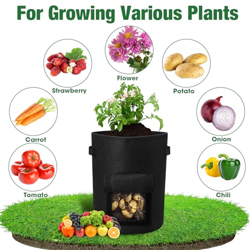 10 Pcs Thickened Nonwoven Fabric Potato Grow Bags with Flap and Handle (7 Gallon) E367