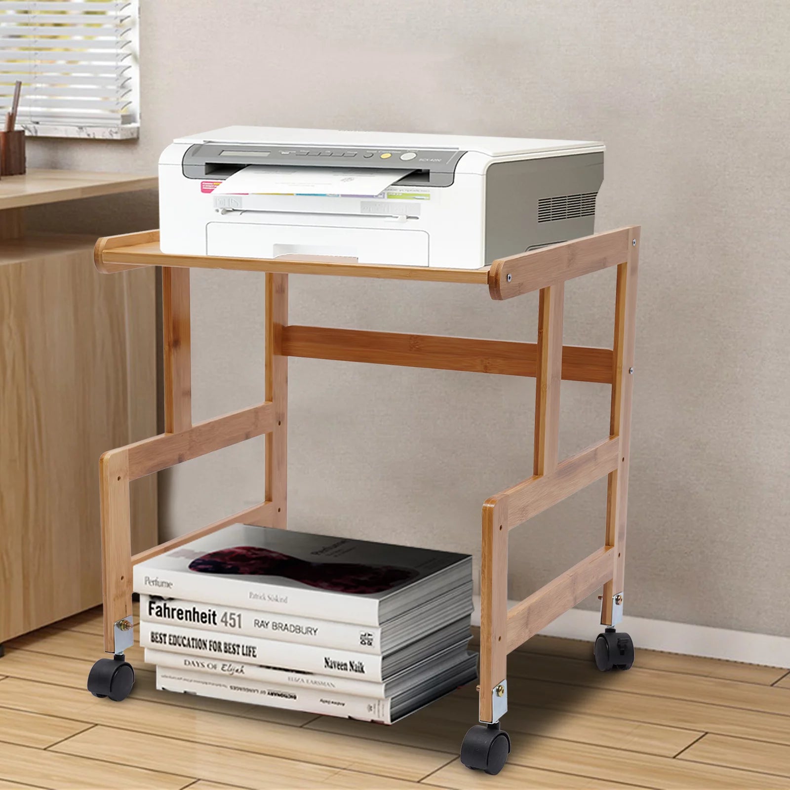 Wood Floor-Standing Printer Cart with Storage Shelf and 4 Wheels P74408
