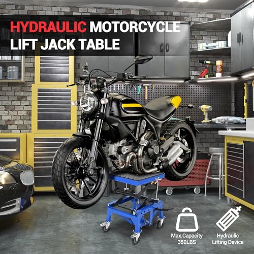 Hydraulic Motorcycle Lift Jack 350LBS, Foot Operated Scissor Lift Table, Heavy-Duty Steel Stand with Safety Lock & Wheels, 13.78-34.25" Height Adjustable, Oil Drain Hole N48679