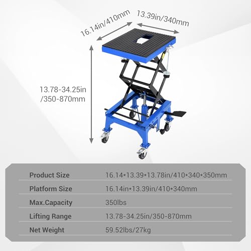 Hydraulic Motorcycle Lift Jack 350LBS, Foot Operated Scissor Lift Table, Heavy-Duty Steel Stand with Safety Lock & Wheels, 13.78-34.25" Height Adjustable, Oil Drain Hole N48679